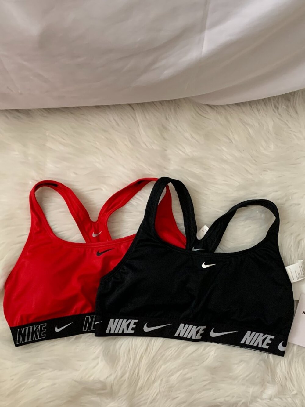 NIKE Logo Tape Racerback Swim Bikini Top SET OF 2 in Black/Gym Red Sz LARGE